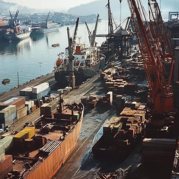 Photo cargo ship docked at a busy port with cranes and containers