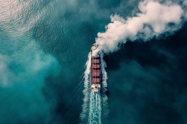 cargo ship going through the sea with some white smoke