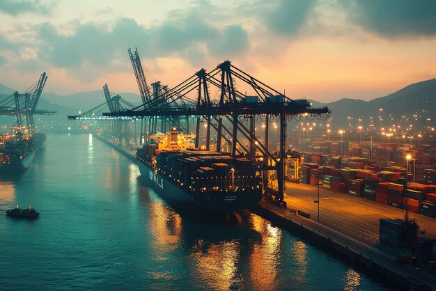 A cargo ship illuminated by the golden hour is being loaded with containers at a bustling port its silhouette stark against the twilight sky