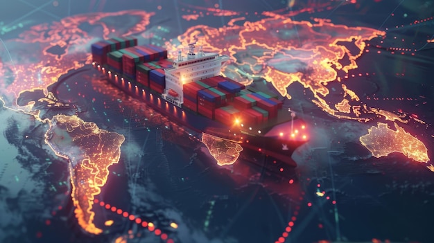 Photo a cargo ship navigates a digitally rendered world map highlighting global trade routes with illuminated lines connecting various continents