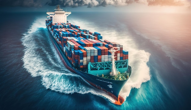 A Cargo Ship Navigating the Open Sea for International Trade and Logistic Operations Generative AI