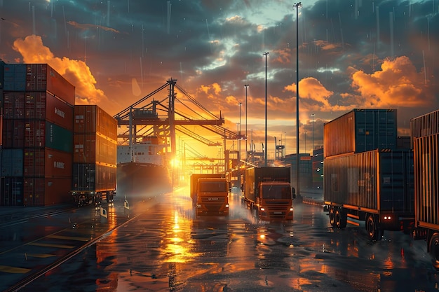 Cargo ship at port with sunset backdrop