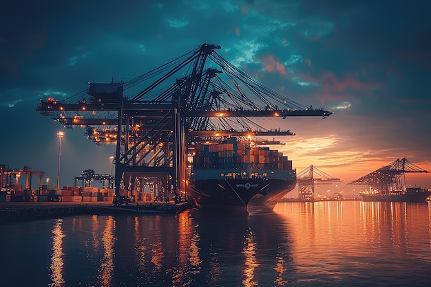 A cargo ship rests at a bustling port as the sun dips below the horizon painting the sky with vibrant hues of orange and pink