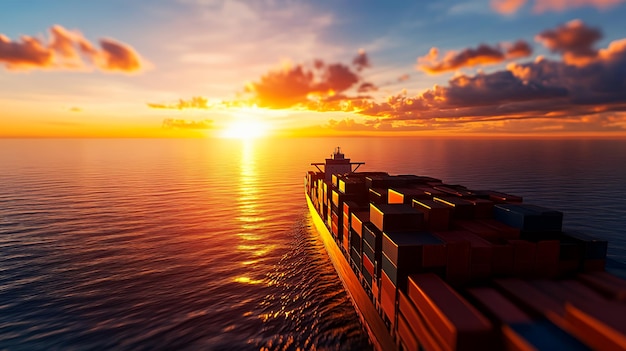 Photo cargo ship sailing on the ocean at sunset