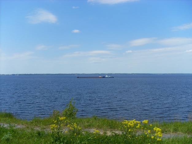 cargo ship sails on the river