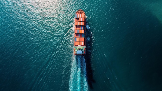 cargo ship with containers in the ocean top view