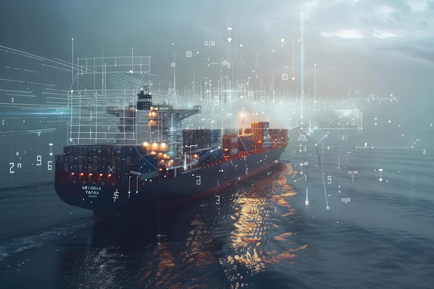 Cargo Ship with Floating Digital Technology Symbols