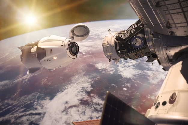 Cargo spacecraft in lowEarth orbit with sunlight