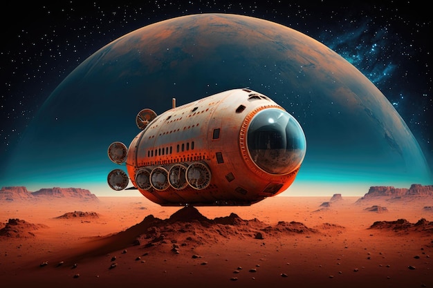 A cargo spaceship with MARS in the distance The study of the cosmos