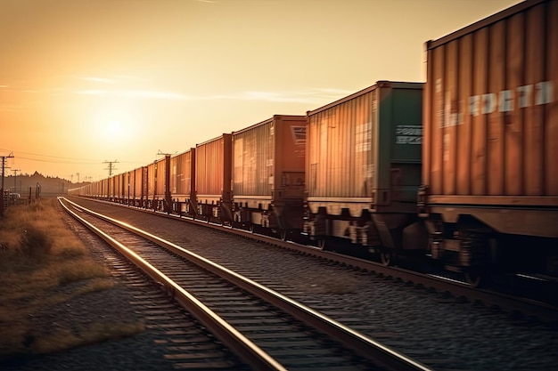 Cargo train transporting shipping containers depicted with motion blur representing the concept of speedy delivery of goods Created using Generative AI