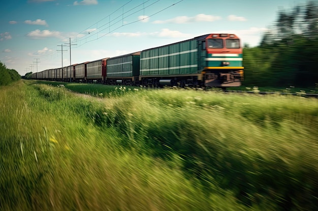 Cargo train transporting shipping containers depicted with motion blur representing the concept of speedy delivery of goods Created using Generative AI