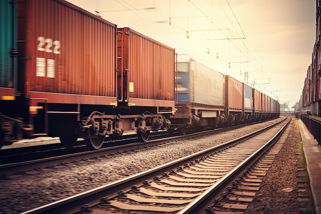 Cargo train transporting shipping containers depicted with motion blur representing the concept of speedy delivery of goods Created using Generative AI