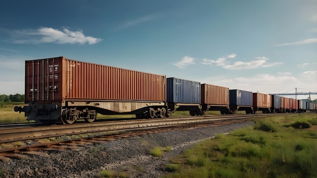 Cargo Train Traveling Through Rural Landscape On Sunny Day