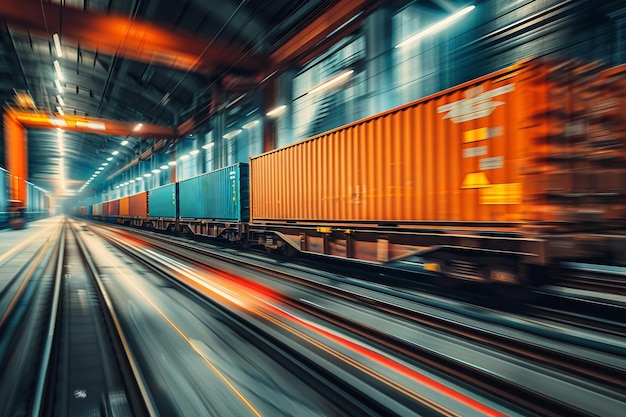 Cargo train with intermodal containers racing along a metaphor for the fast pace of trade