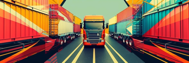 Cargo Truck Driving Between Containers A red cargo truck driving between rows of colorful shipping