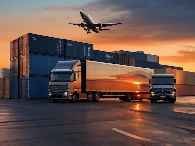 Photo a cargo truck is carrying a cargo plane and a cargo container is parked in front of a building