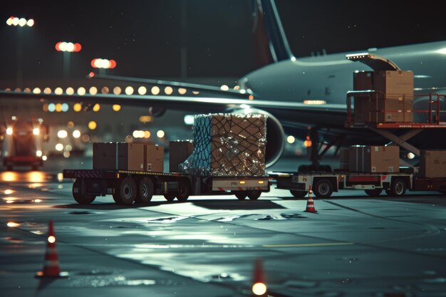 Photo cargo truck loading packages onto an airplane at night