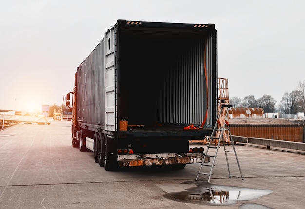 Cargo Truck In The Port HeavyDuty Commercial Vehicle Semitrailer During Loading Of The Cargo