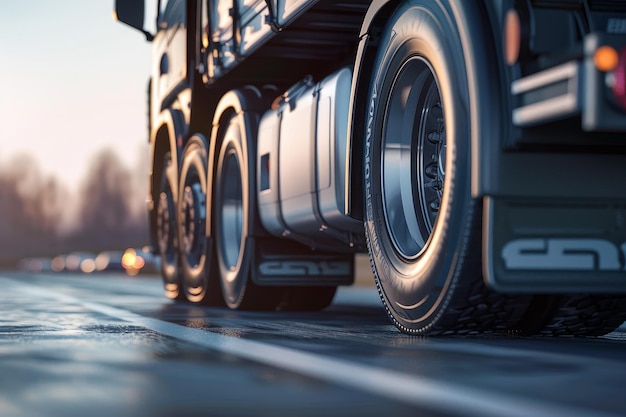 Photo cargo truck on the road closeup of wheels generative ai