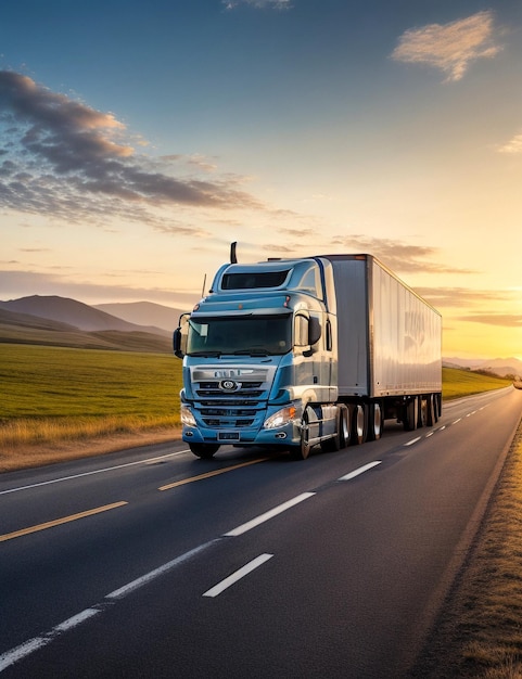 Cargo truck with cargo trailer driving on a highway White Truck delivers goods in early hours of th