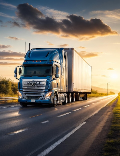 Cargo truck with cargo trailer driving on a highway White Truck delivers goods in early hours of th