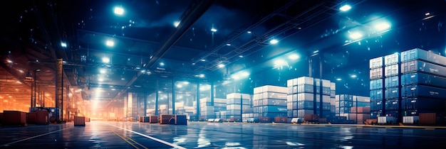 cargo warehouse illuminated by the glow of city lights representing the constant activity and roundtheclock nature of global trade Generative AI