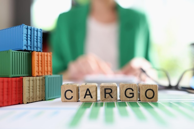 Cargo word collected with wooden cubes and shipping containers