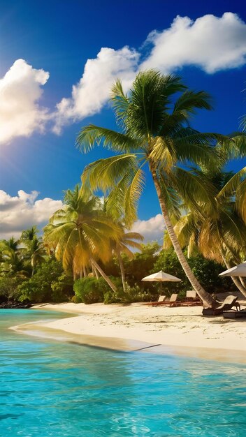 Caribbean beach with palm trees and blue sky