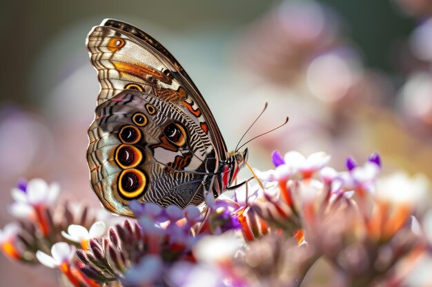 Caribbean Buckeye Butterfly on flowers on white background