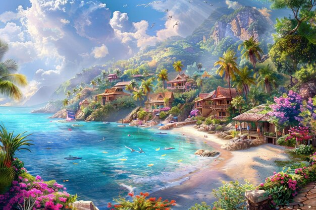 Caribbean Coastal Beauty Oil Painting Illustration of a Quaint Seaside Town