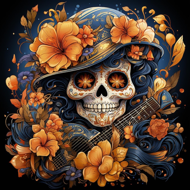 caricatura del da de los muertos el color dominante es el azul con decoracin amarilla