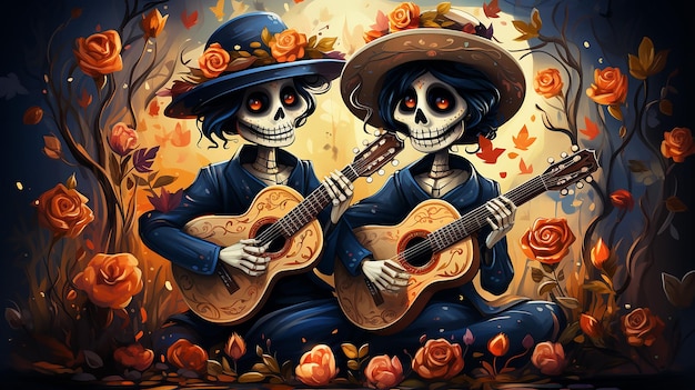 caricatura del da de los muertos el color dominante es el azul con decoracin amarilla