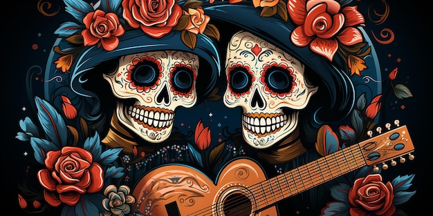 caricatura del da de los muertos el color dominante es el azul con decoracin amarilla