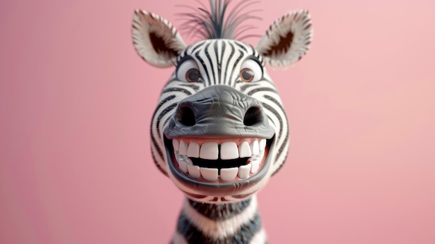 Photo caricature very big toothy wide of smiling zebra zebra with white smile looking at camera on pink background