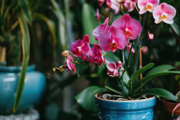 Photo caring for a houseplant an orchid in a backyard flower pot