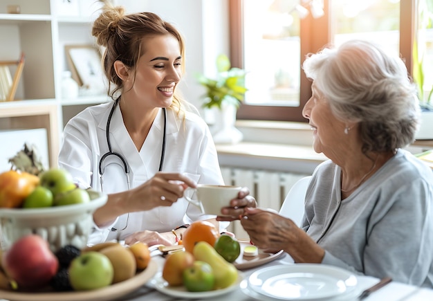 Caring nurse care of senior elderly man