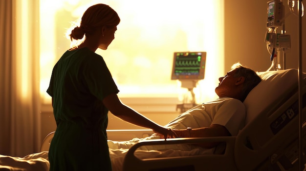 A caring nurse comforts a patient in a hospital room symbolizing compassion and medical support during recovery