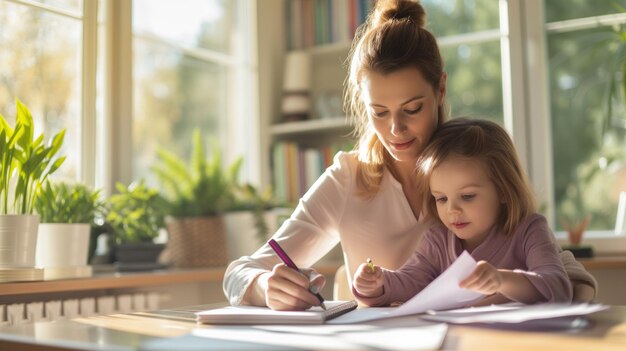 Caring woman helps a young girl with homework in a sunlit room surrounded by plants and colorful pencils creating a warm educational setting