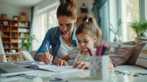 Caring woman helps a young girl with homework in a sunlit room surrounded by plants and colorful pencils creating a warm educational setting