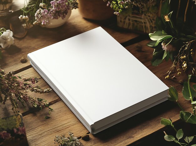 Photo carlsons design mockup book on rustic wooden table with fall elements