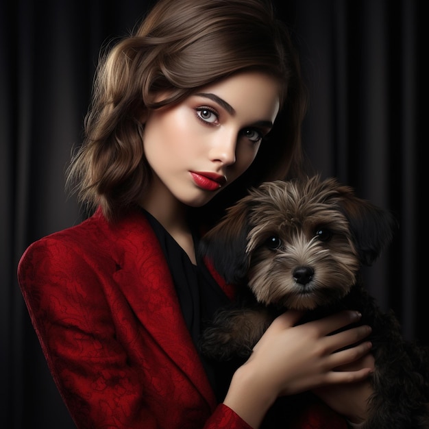 Carm of a model posing with an adorable puppy