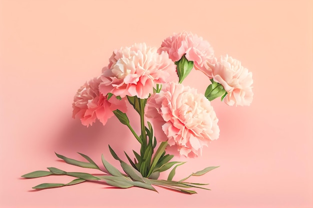 Carnation bouquet on pastel pink background with copy space 3D illustration concept for Mother's Day holiday greetings card Wide angle format banner