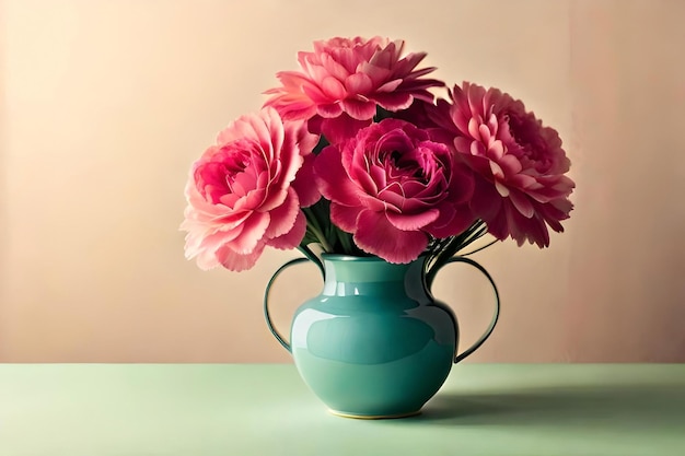 Carnation bouquet in a vase on a light green background