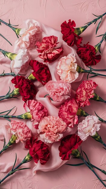 Carnation flower flat lay mockup on pink background top view pink and red flowers of dianthus or schabaud flatlay texture pattern