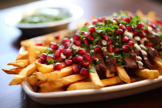 Carne Asada Fries with Pomegranate Seeds delicious Carne Asada Fries food photography