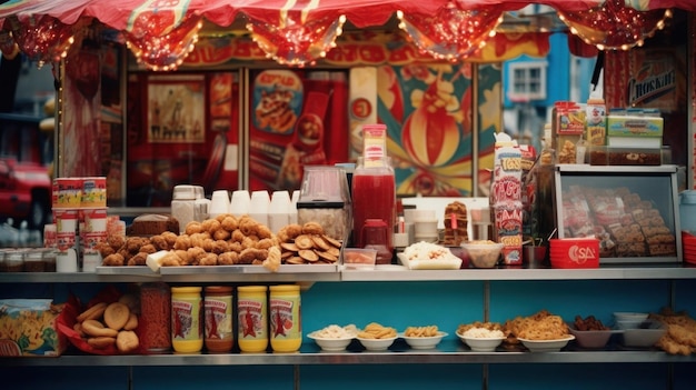 carnival food stand adorned with colorful signs and decorations