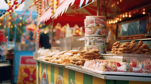 carnival food stand adorned with colorful signs and decorations