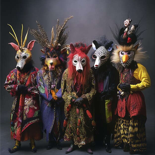 Photo a carnival group dressed as animals each with unique costumes and matching masks