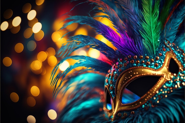 carnival mask on black background. brazilian party, colorful mask, lights, blur. Generative AI