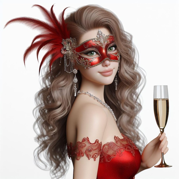 Carnival mask on a charming lady in a red dress